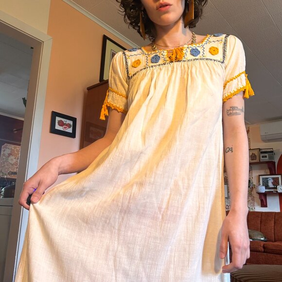 1960s Hippie Hand embroidered crochet edge polycotton Prairie scandinavian maxi - Picture 8 of 14